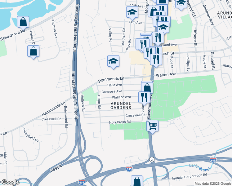 map of restaurants, bars, coffee shops, grocery stores, and more near 205 Camrose Avenue in Baltimore