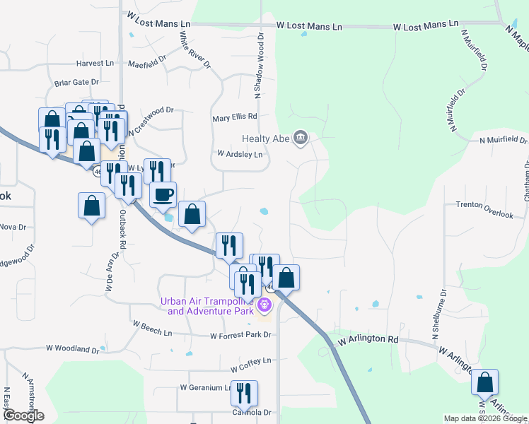map of restaurants, bars, coffee shops, grocery stores, and more near 4000 Ashbrook Ln in Bloomington