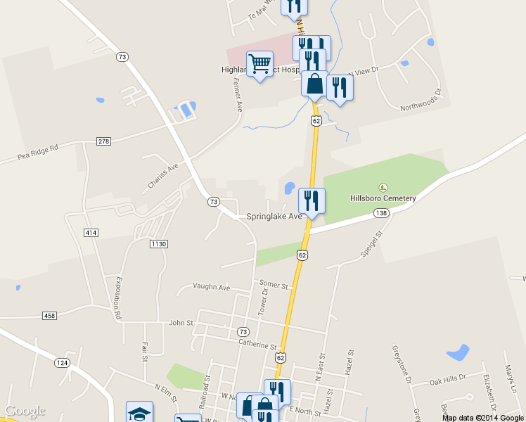 map of restaurants, bars, coffee shops, grocery stores, and more near 128 Springlake Avenue in Hillsboro