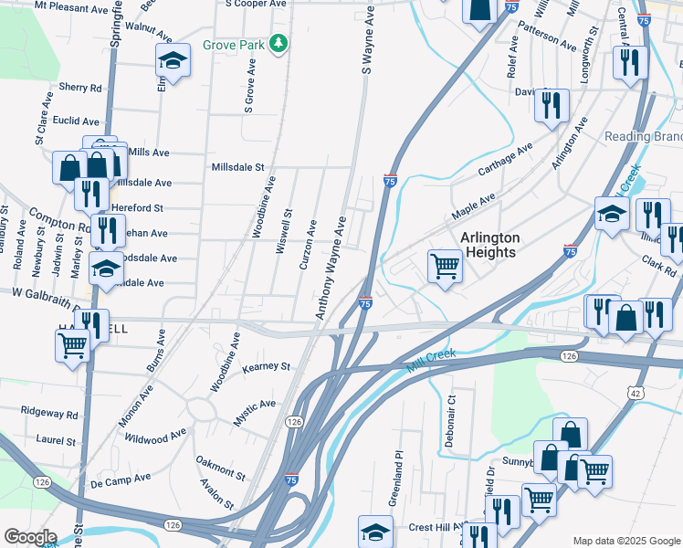 map of restaurants, bars, coffee shops, grocery stores, and more near 8370 Anthony Wayne Avenue in Cincinnati