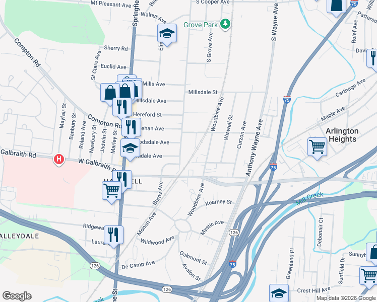 map of restaurants, bars, coffee shops, grocery stores, and more near 8359 Mace Avenue in Cincinnati