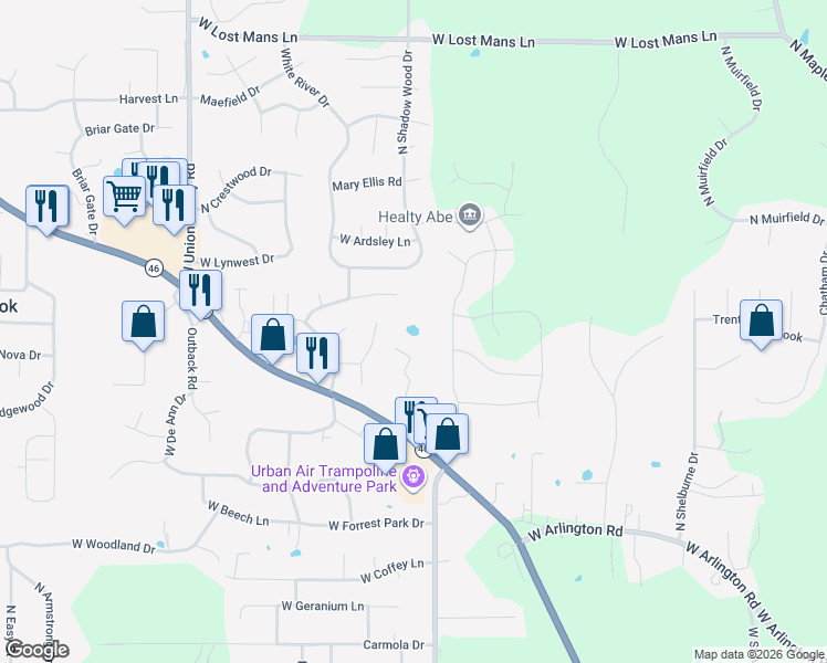 map of restaurants, bars, coffee shops, grocery stores, and more near 4000 Ashbrook Ln in Bloomington