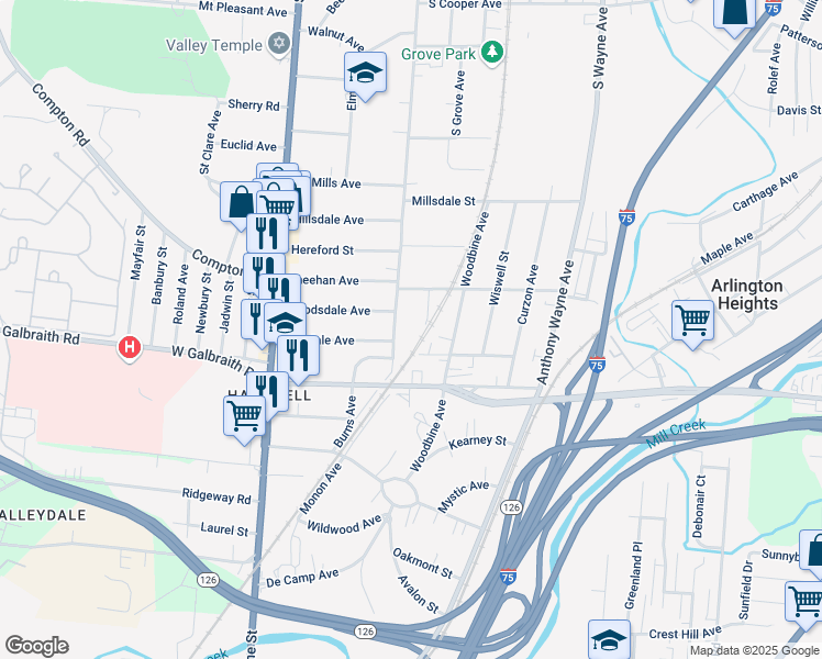 map of restaurants, bars, coffee shops, grocery stores, and more near 8359 Mace Avenue in Cincinnati