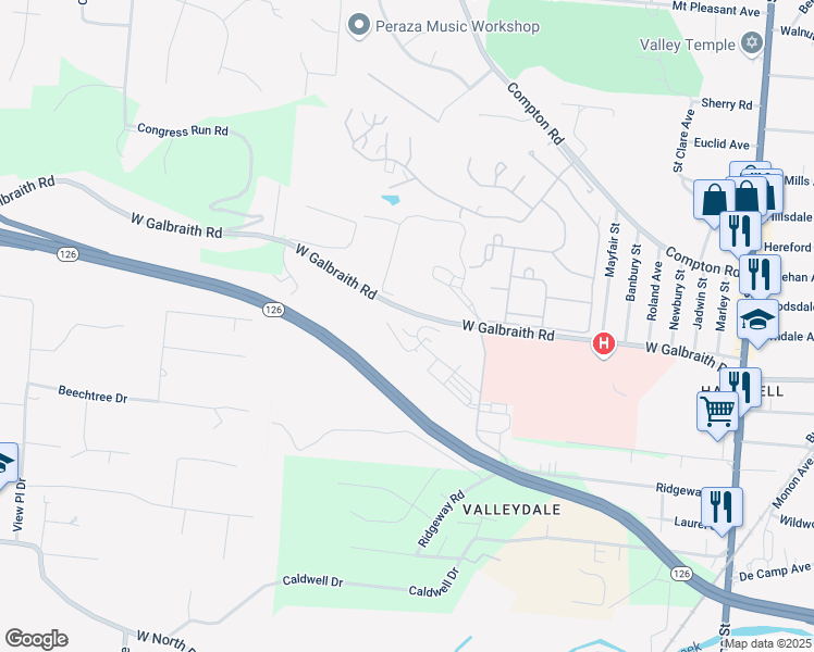 map of restaurants, bars, coffee shops, grocery stores, and more near 316 West Galbraith Road in Cincinnati