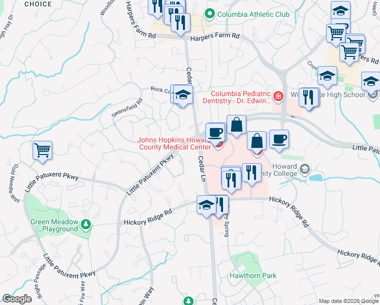 map of restaurants, bars, coffee shops, grocery stores, and more near 5807 Calico Court in Columbia