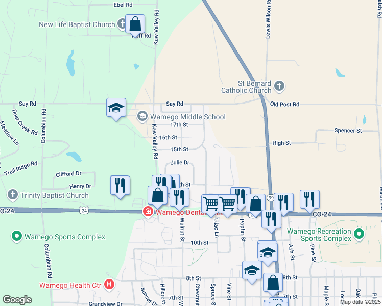 map of restaurants, bars, coffee shops, grocery stores, and more near 1207 15th Street in Wamego