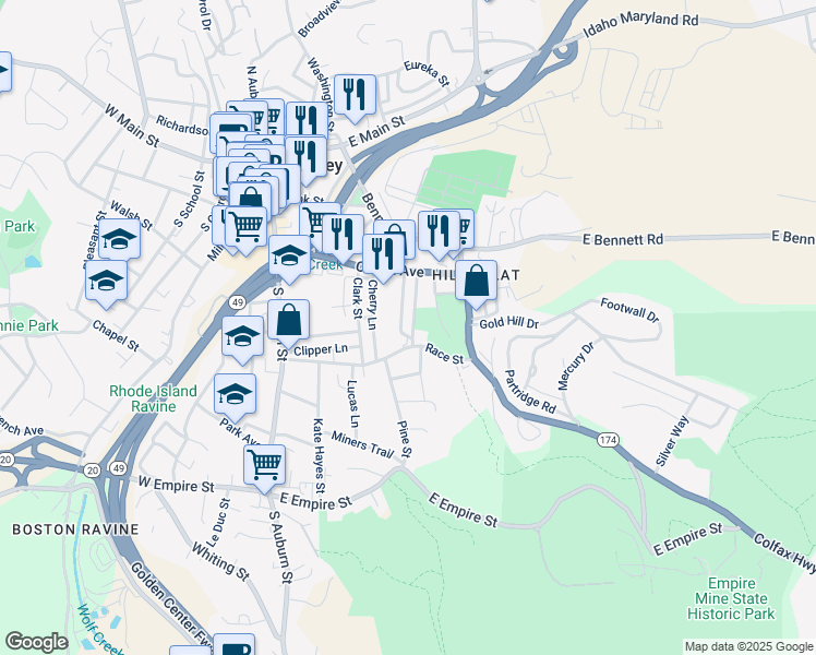 map of restaurants, bars, coffee shops, grocery stores, and more near 435 Henderson Street in Grass Valley