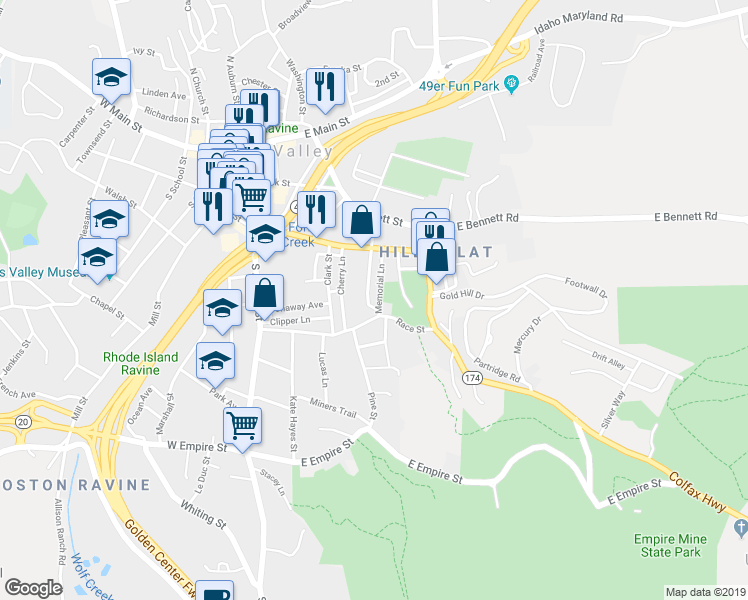map of restaurants, bars, coffee shops, grocery stores, and more near 429 Henderson Street in Grass Valley