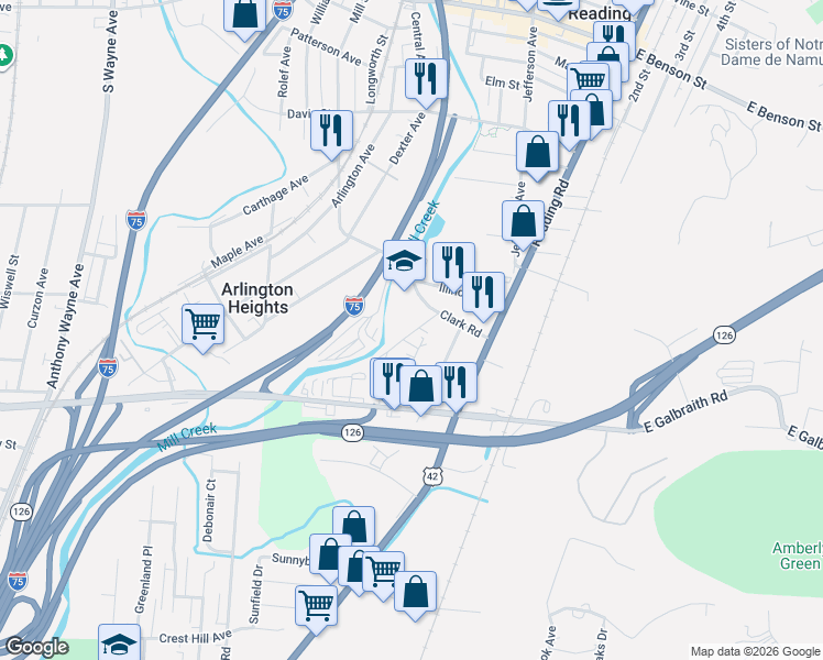 map of restaurants, bars, coffee shops, grocery stores, and more near 255 Ohio Avenue in Cincinnati