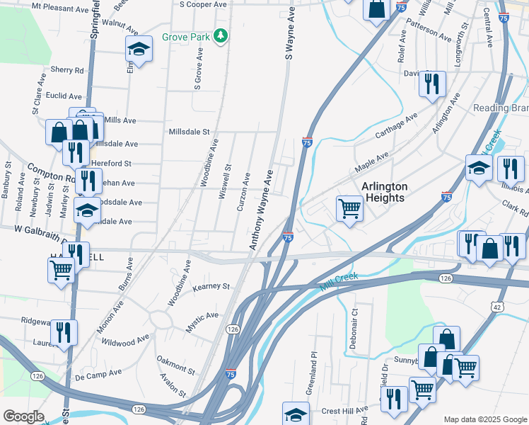 map of restaurants, bars, coffee shops, grocery stores, and more near 8363 Anthony Wayne Avenue in Cincinnati
