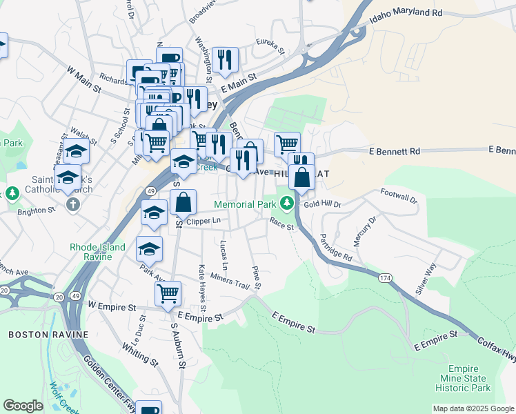 map of restaurants, bars, coffee shops, grocery stores, and more near 429 Henderson Street in Grass Valley