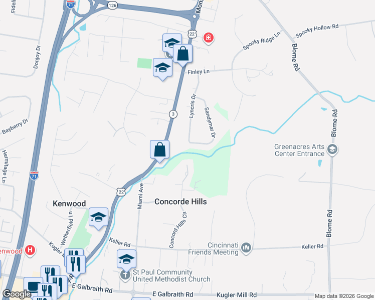 map of restaurants, bars, coffee shops, grocery stores, and more near 8800 Sandymar Drive in Cincinnati