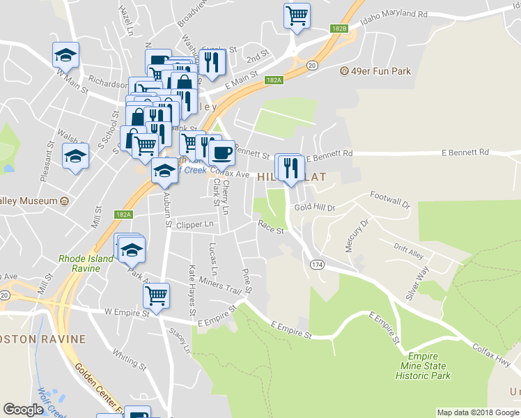 map of restaurants, bars, coffee shops, grocery stores, and more near 441 Memorial Lane in Grass Valley