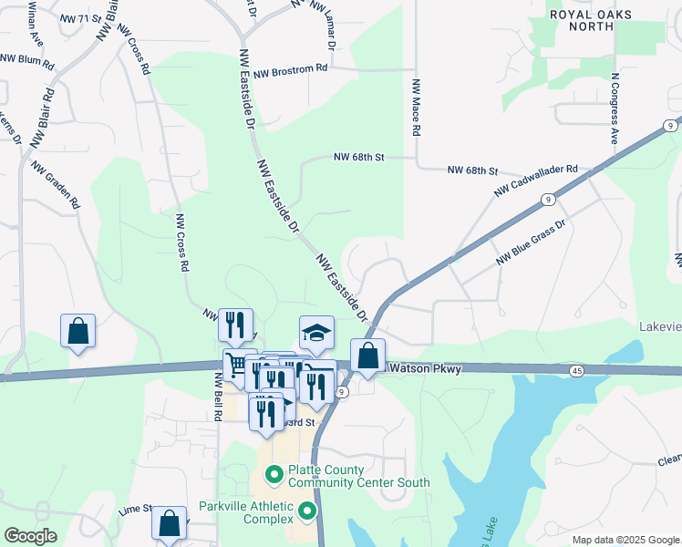 map of restaurants, bars, coffee shops, grocery stores, and more near 6704 Northwest Lawson Lane in Parkville