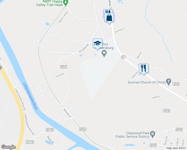 map of restaurants, bars, coffee shops, grocery stores, and more near Nicolette Rd in Parkersburg