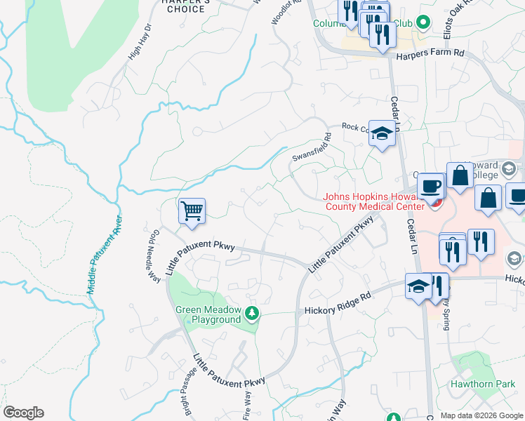 map of restaurants, bars, coffee shops, grocery stores, and more near 12112 Blue Paper Trail in Columbia