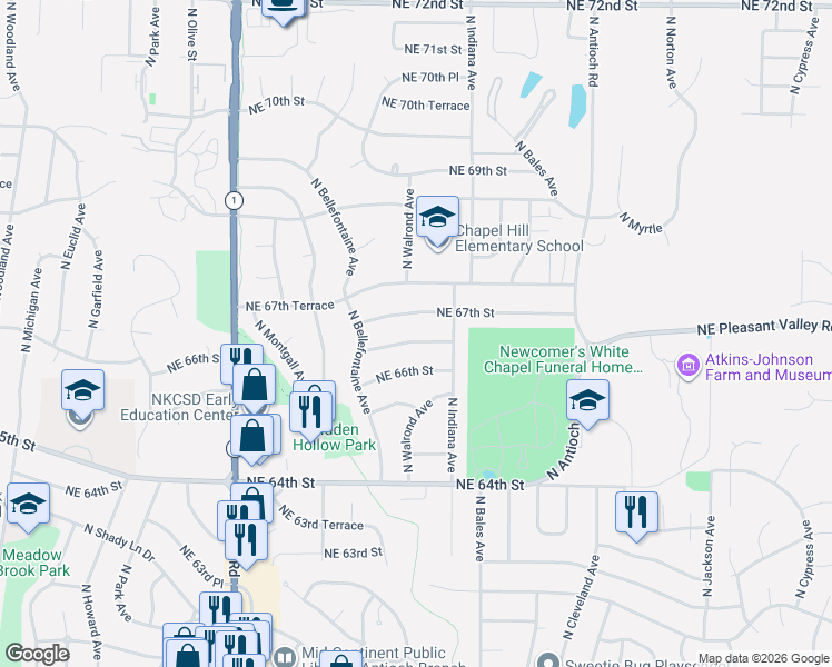 map of restaurants, bars, coffee shops, grocery stores, and more near 3115 Northeast 67th Street in Kansas City