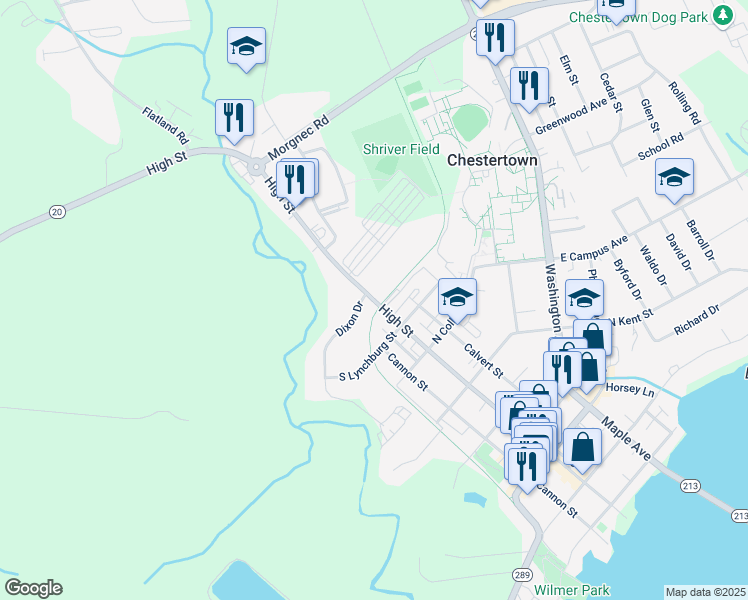 map of restaurants, bars, coffee shops, grocery stores, and more near High Street in Chestertown