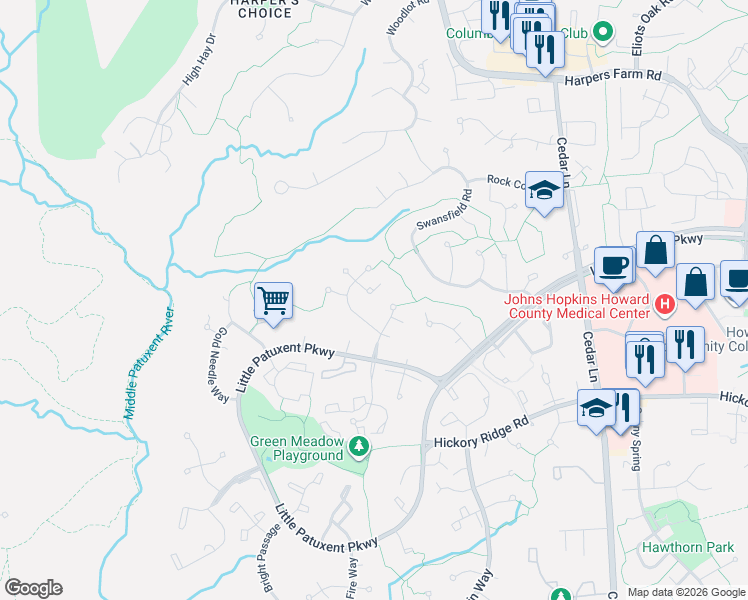 map of restaurants, bars, coffee shops, grocery stores, and more near 12112 Blue Paper Trail in Columbia