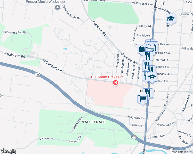 map of restaurants, bars, coffee shops, grocery stores, and more near 200 West Galbraith Road in Cincinnati