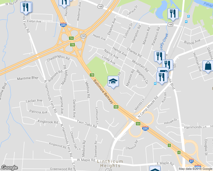 map of restaurants, bars, coffee shops, grocery stores, and more near 202 Agnes Lane in Linthicum Heights