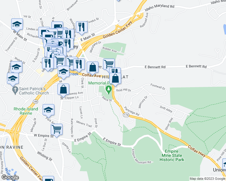 map of restaurants, bars, coffee shops, grocery stores, and more near 599 Officer Bill C. Bean, Jr. Memorial Highway in Grass Valley