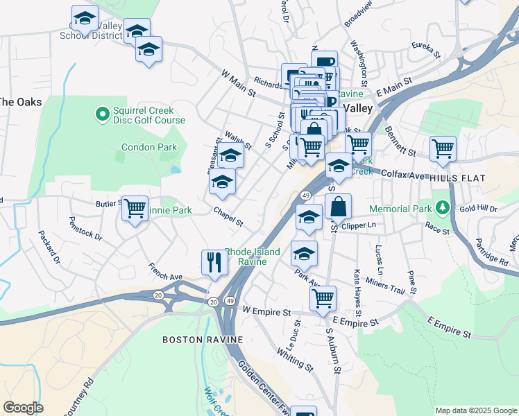 map of restaurants, bars, coffee shops, grocery stores, and more near 347 South Church Street in Grass Valley