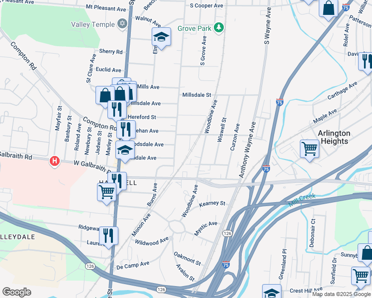 map of restaurants, bars, coffee shops, grocery stores, and more near 8359 Mace Avenue in Cincinnati