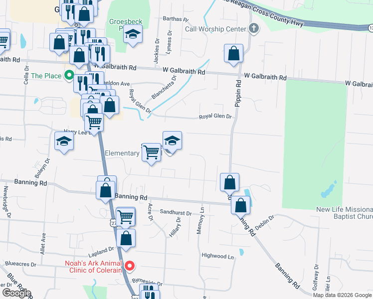 map of restaurants, bars, coffee shops, grocery stores, and more near 7294 Memory Lane in Cincinnati