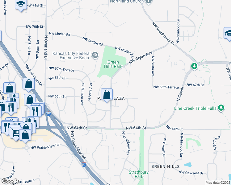 map of restaurants, bars, coffee shops, grocery stores, and more near 6601 North Green Hills Road in Kansas City