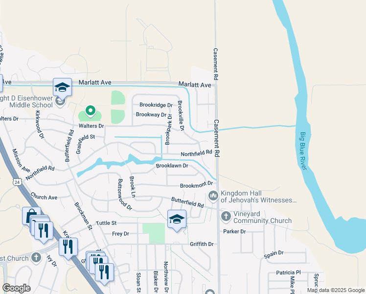 map of restaurants, bars, coffee shops, grocery stores, and more near 217 Brookstone Drive in Manhattan