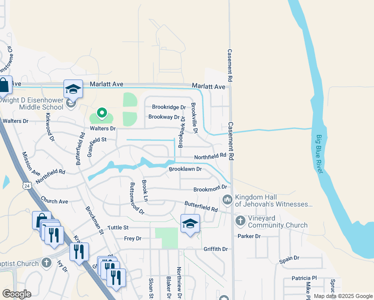 map of restaurants, bars, coffee shops, grocery stores, and more near 229 Brookstone Drive in Manhattan