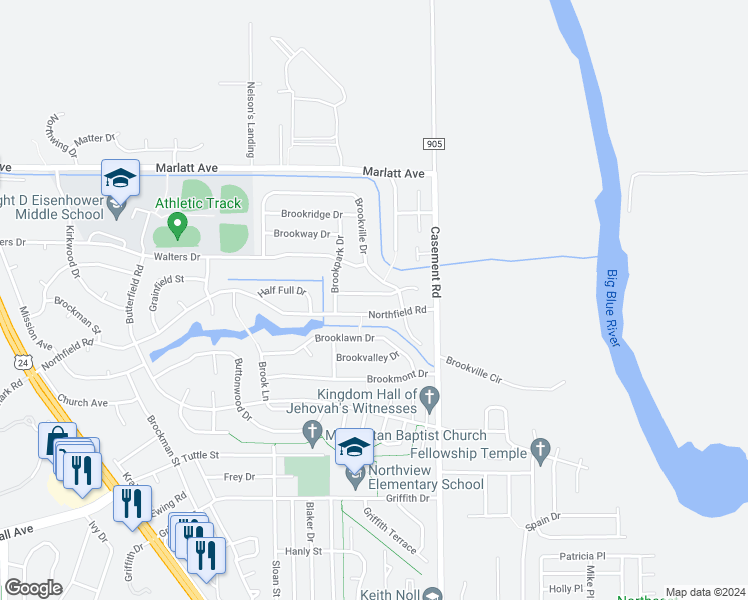 map of restaurants, bars, coffee shops, grocery stores, and more near 213 Brookstone Drive in Manhattan