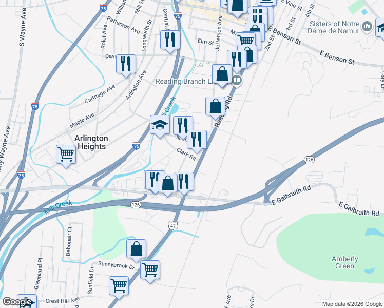 map of restaurants, bars, coffee shops, grocery stores, and more near 20 Clark Road in Cincinnati