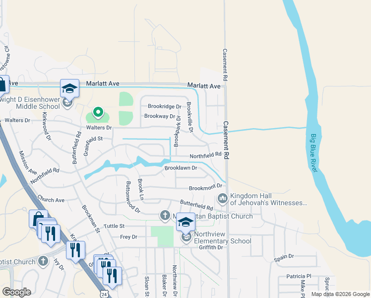 map of restaurants, bars, coffee shops, grocery stores, and more near 225 Brookstone Drive in Manhattan
