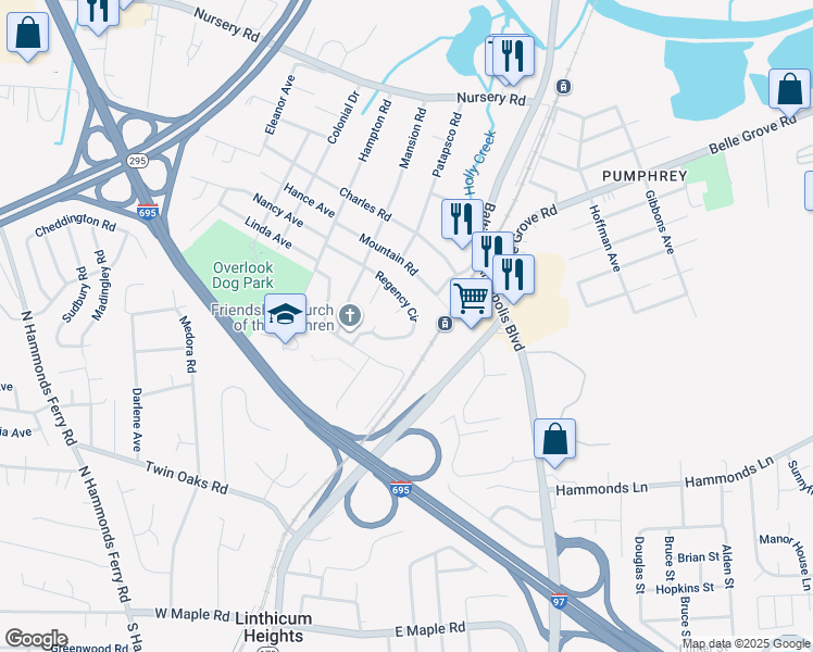 map of restaurants, bars, coffee shops, grocery stores, and more near 302 Regency Circle in Linthicum Heights