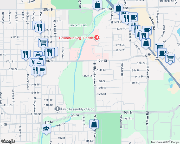 map of restaurants, bars, coffee shops, grocery stores, and more near 1609 Meridian Street in Columbus