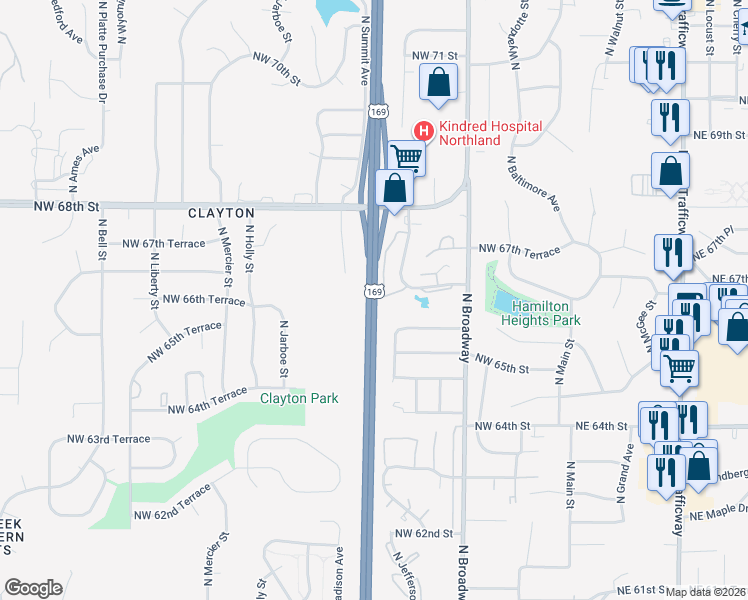 map of restaurants, bars, coffee shops, grocery stores, and more near Arrowhead Trafficway in Kansas City