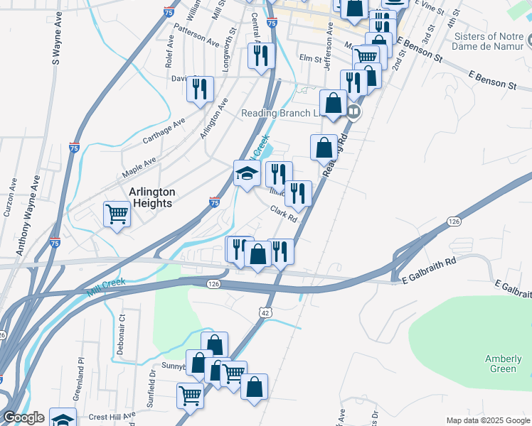 map of restaurants, bars, coffee shops, grocery stores, and more near 217 Clark Road in Cincinnati
