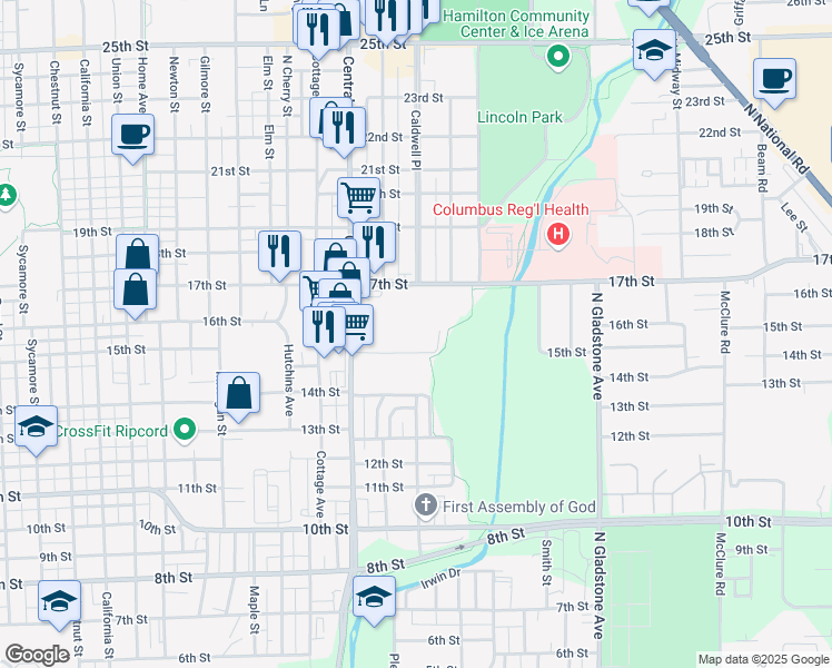 map of restaurants, bars, coffee shops, grocery stores, and more near 2020 15th Street in Columbus