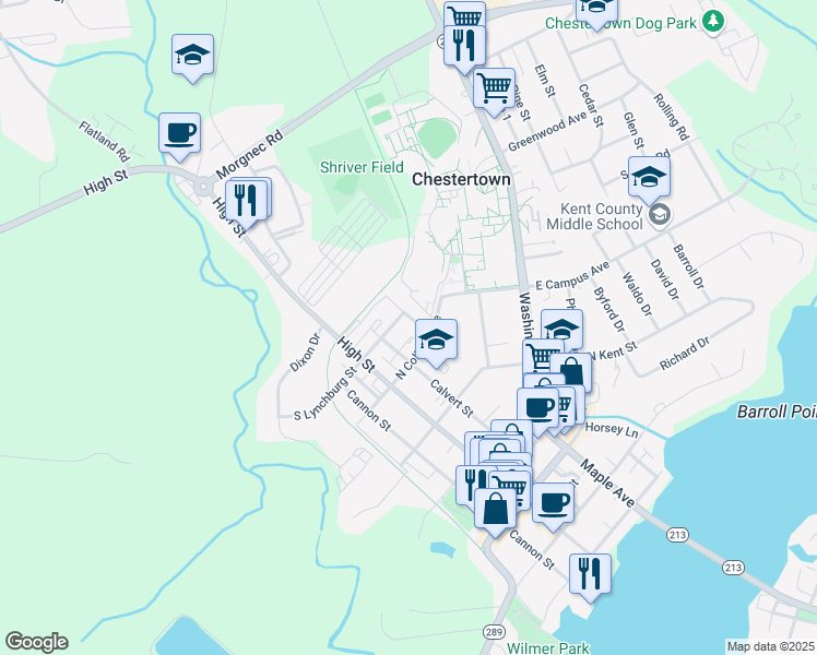 map of restaurants, bars, coffee shops, grocery stores, and more near 109 Prospect St in Chestertown