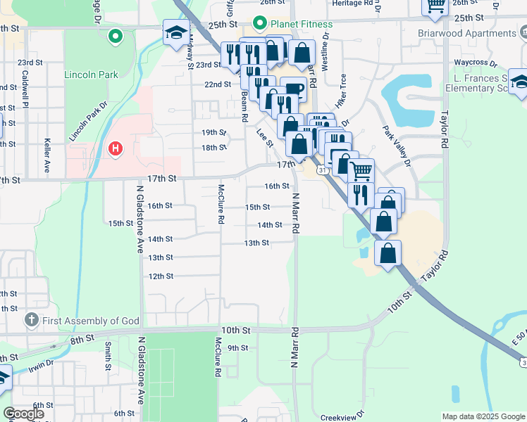 map of restaurants, bars, coffee shops, grocery stores, and more near 3021 15th Street in Columbus