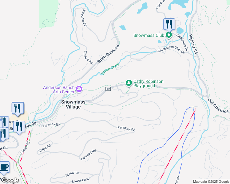 map of restaurants, bars, coffee shops, grocery stores, and more near 381 Meadow Ranch Road in Snowmass Village