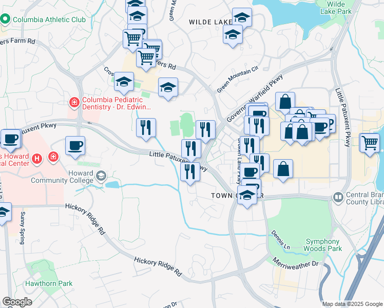 map of restaurants, bars, coffee shops, grocery stores, and more near 10630 Little Patuxent Parkway in Columbia
