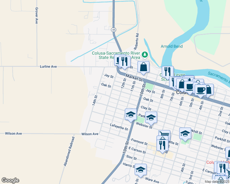 map of restaurants, bars, coffee shops, grocery stores, and more near 1245 Oak Street in Colusa