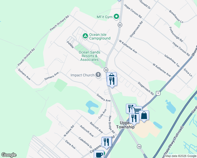 map of restaurants, bars, coffee shops, grocery stores, and more near 44 New Jersey 50 in Upper Township