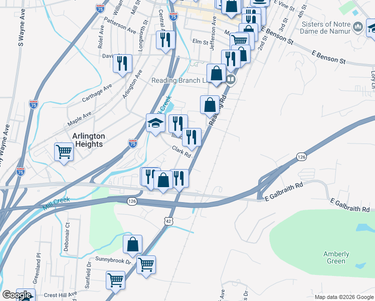 map of restaurants, bars, coffee shops, grocery stores, and more near 20 Clark Road in Cincinnati