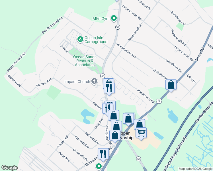 map of restaurants, bars, coffee shops, grocery stores, and more near 44 New Jersey 50 in Ocean View