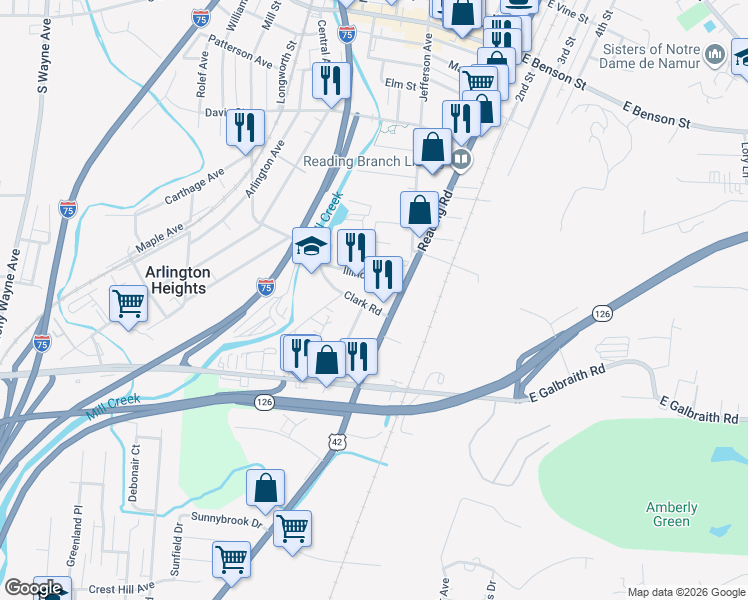 map of restaurants, bars, coffee shops, grocery stores, and more near 20 Clark Road in Cincinnati
