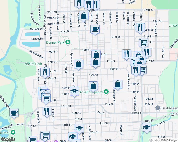 map of restaurants, bars, coffee shops, grocery stores, and more near 1532 California Street in Columbus